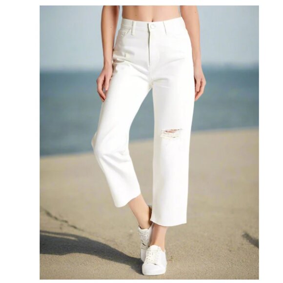 Mih Boyfriend High-Rise Straight Crop Jeans Womens 27 White Distressed Relaxed - Picture 1 of 6